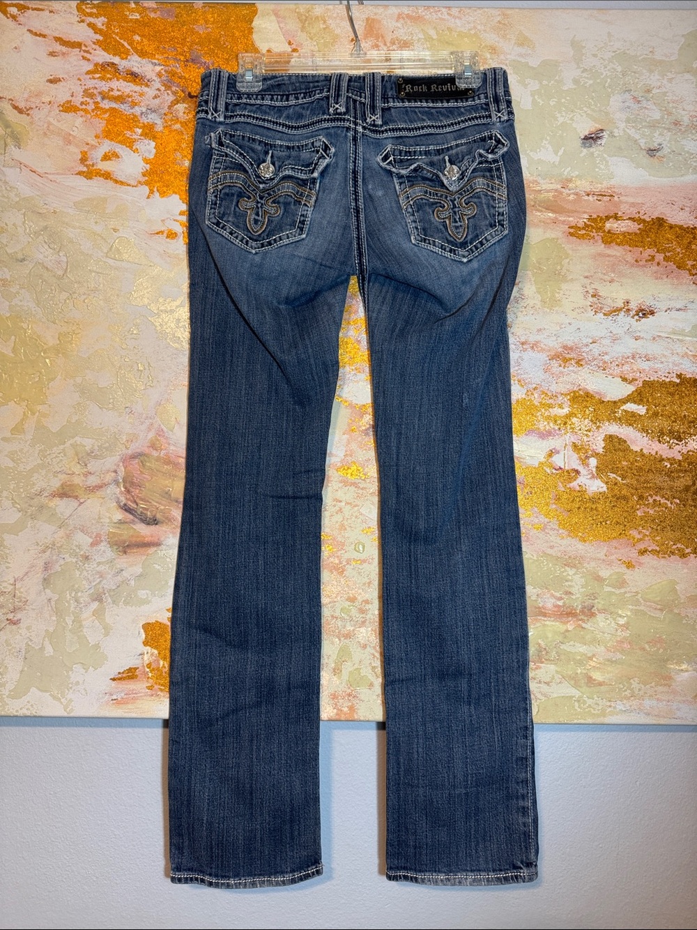 Rock Revival Debbie Women's Medium Blue Embroidered straight Cut Jeans size 29